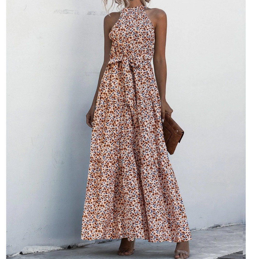 Boho Leopard Print High Waisted Halter Maxi Dress - Picture 6 of 7